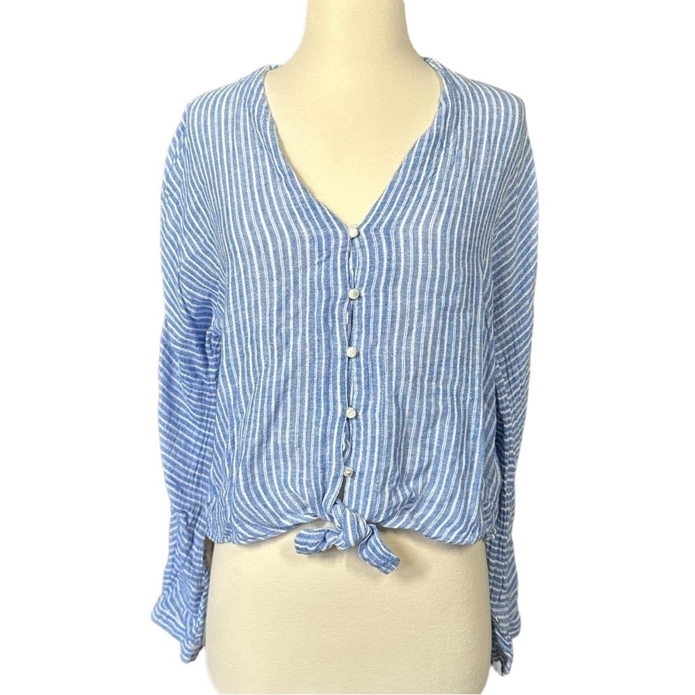 Rails Sloane Linen Blend Top Medium Blue Button Up Striped Front Tie Blouse - Picture 10 of 12